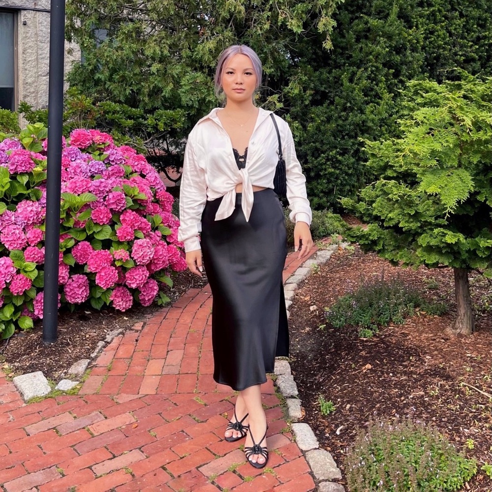 Satin Midi Skirt in Black